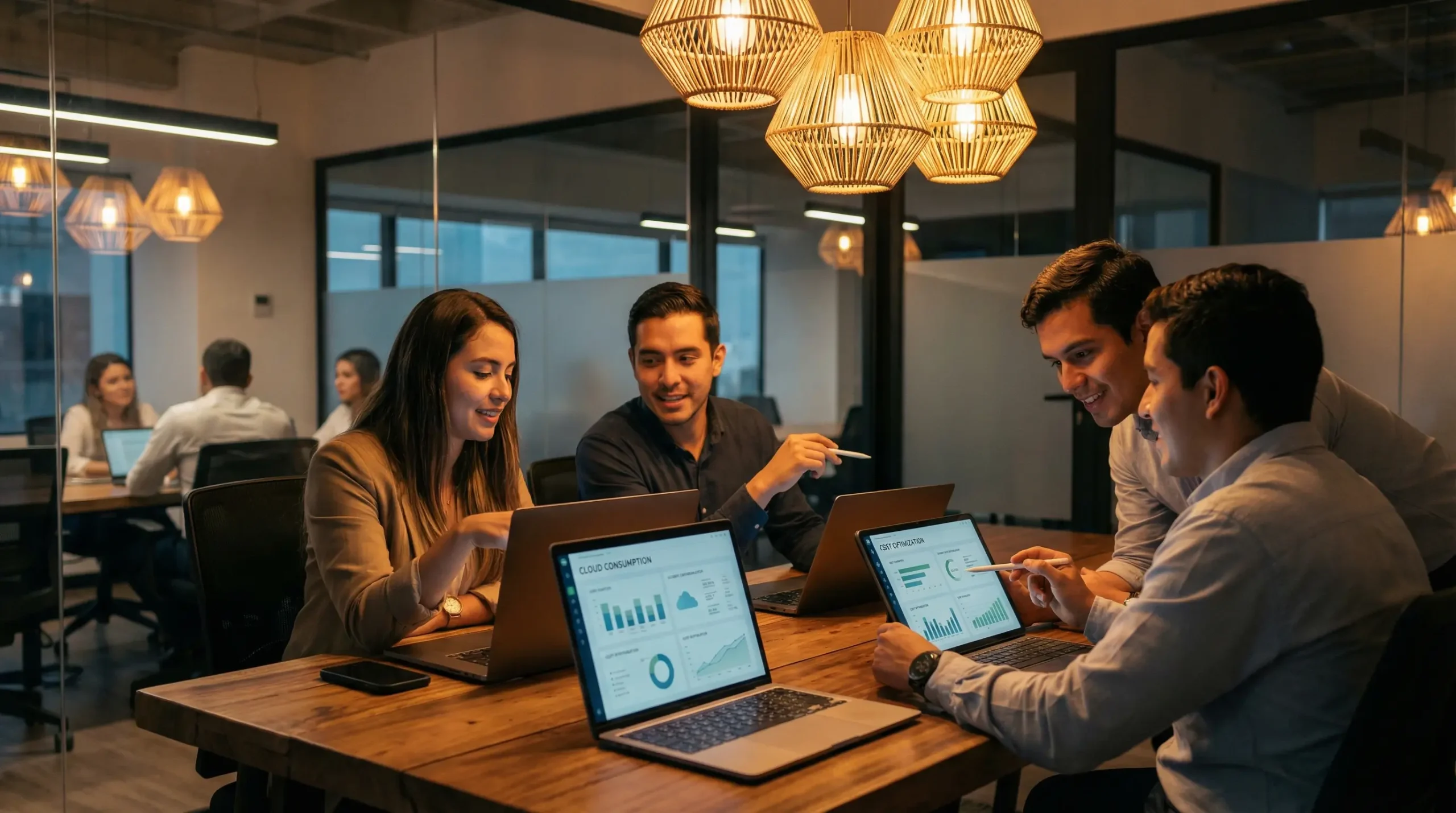 Equipo de profesionales analizando estrategias de protección de datos en una oficina moderna con luz cálida.