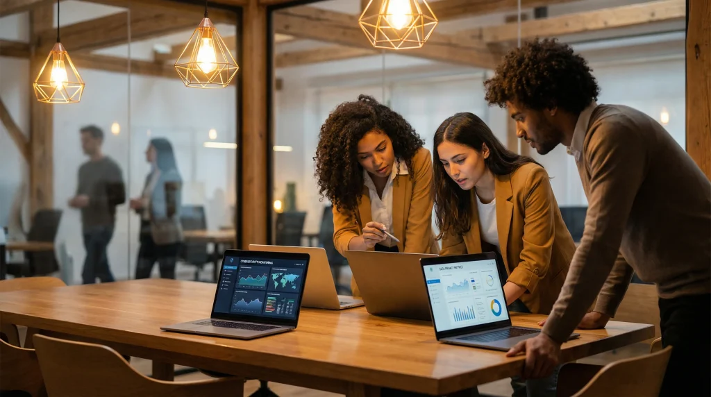 Equipo de profesionales analizando estrategias de protección de datos en una oficina moderna con luz cálida.