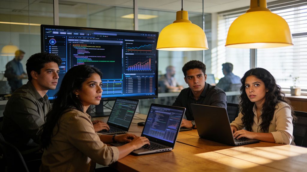 Equipo de profesionales analizando vulnerabilidades y métricas de ciberseguridad en una oficina moderna con iluminación cálida.